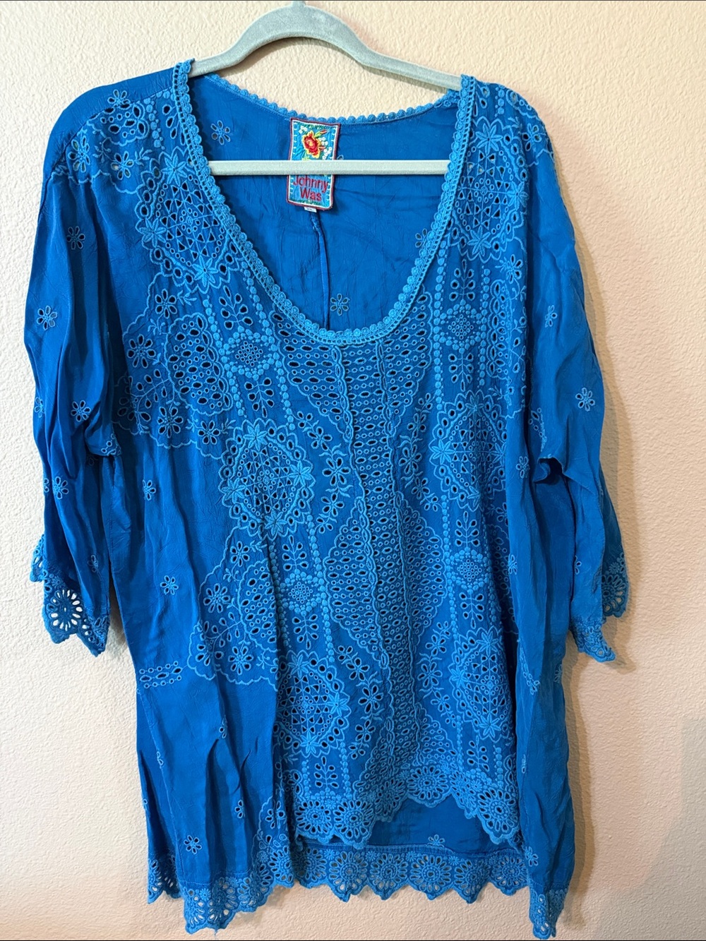 Johnny Was Bright Blue Eyelet Embroidered V-Neck Tunic